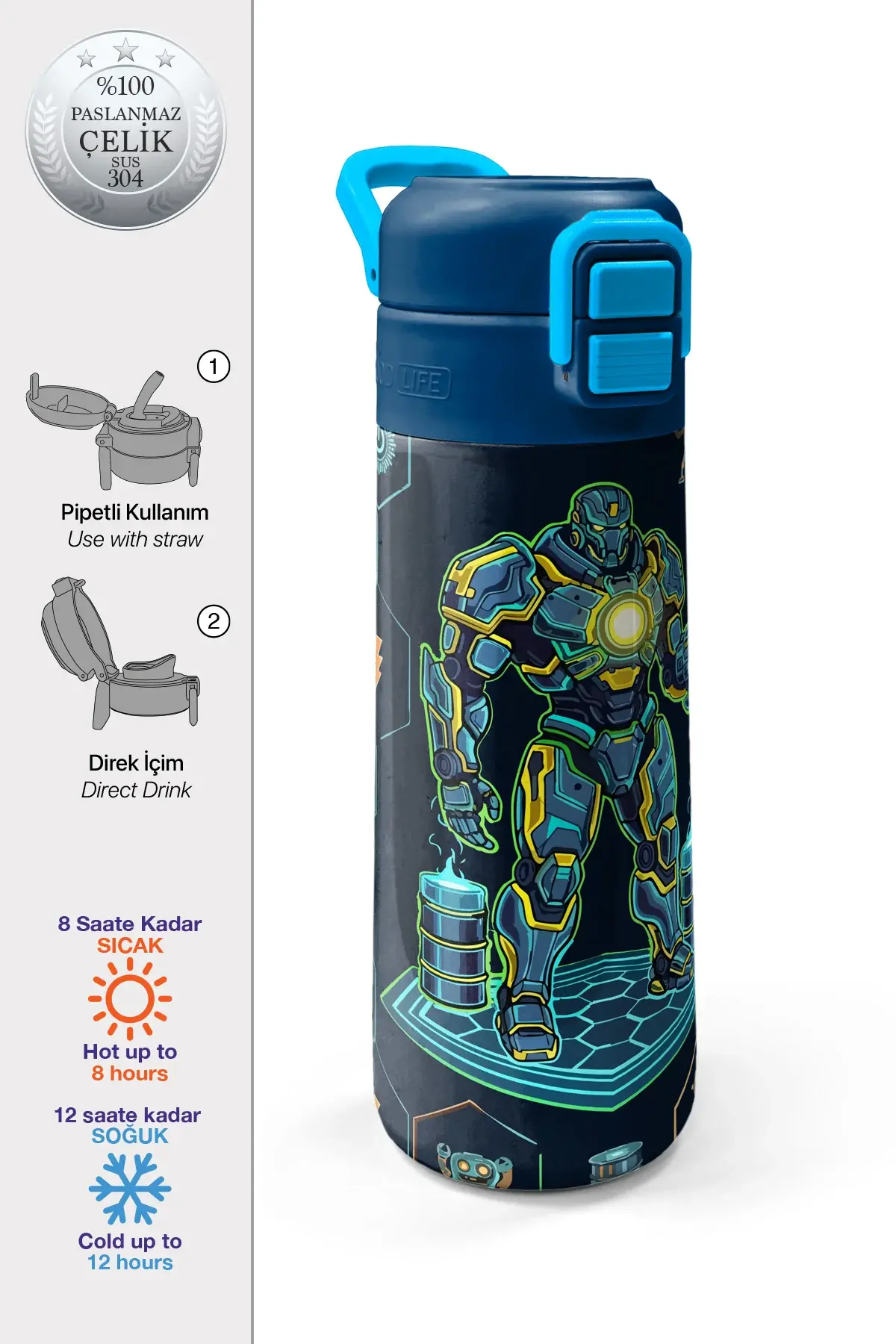 Coral High Kids Lacivert Robot Desenli Pipetli ve Direkt İçim Çelik Termos 500 ml 38128 Adet