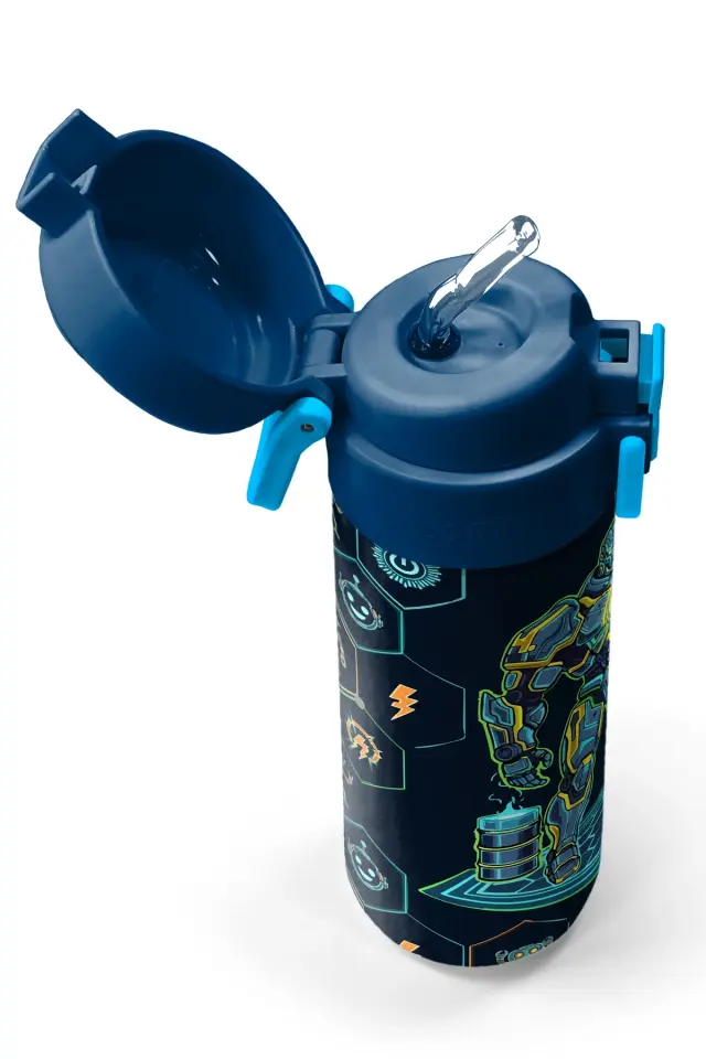 Coral High Kids Lacivert Robot Desenli Pipetli ve Direkt İçim Çelik Termos 500 ml 38128 Adet