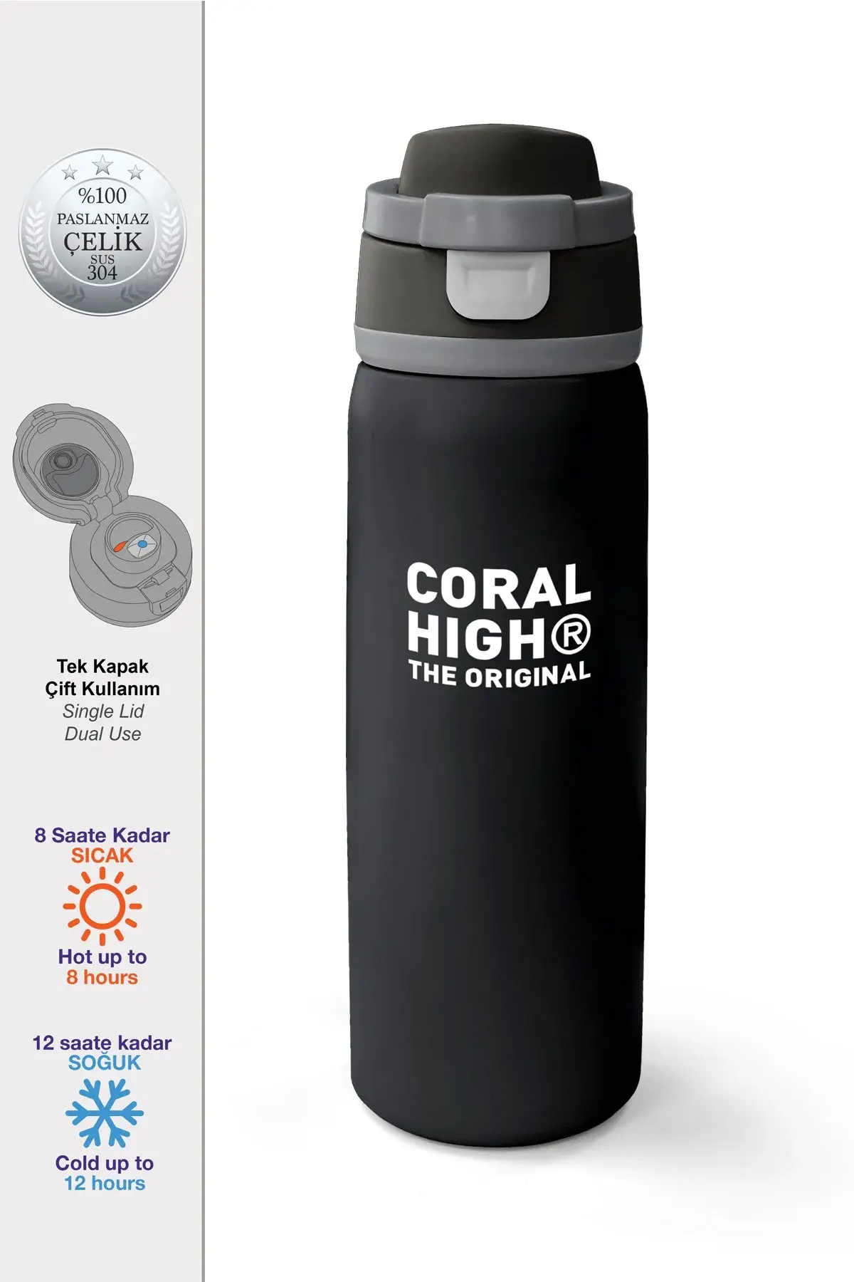 Coral High Siyah Pipetli ve Direkt İçim Çelik Termos 800 ml 38518 Adet