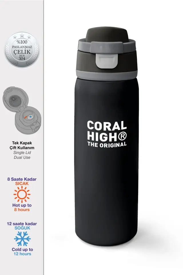 Coral High Siyah Pipetli ve Direkt İçim Çelik Termos 800 ml 38518 Adet