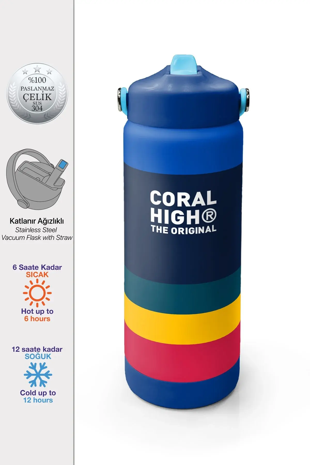 Coral High Renkli Çizgi Desenli Katlanır Ağızlıklı Çelik Termos 650 ml 38322 Adet