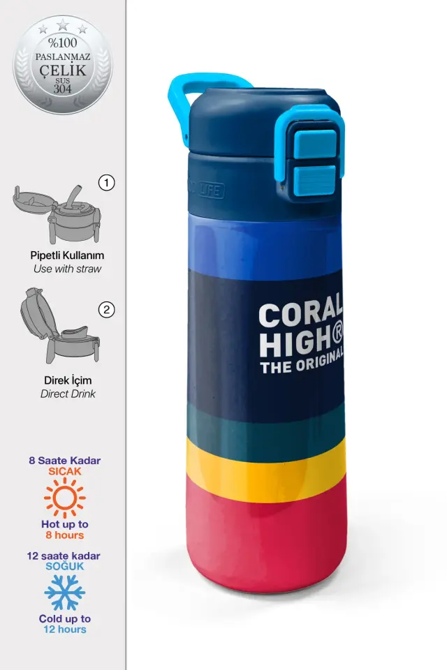 Coral High Kids Renkli Çizgi Desenli Pipetli ve Direkt İçim Çelik Termos 500 ml 38122 Adet