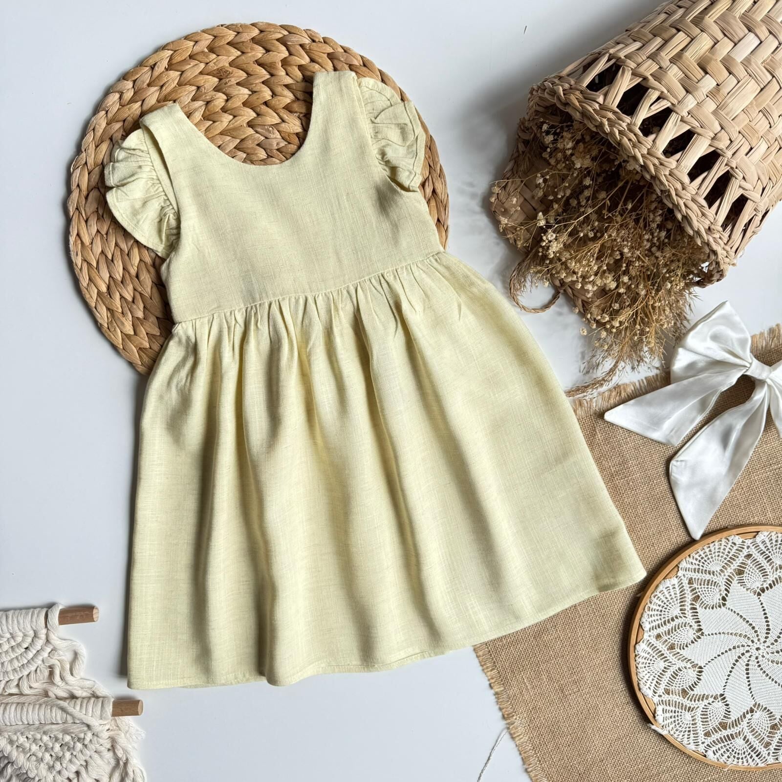 %100 Keten Sarı Sırt Fiyonklu Elbise 6-7 YAŞ