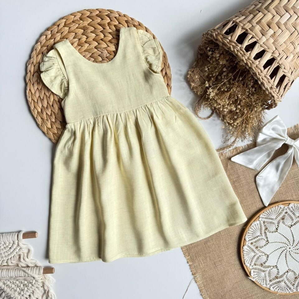 %100 Keten Sarı Sırt Fiyonklu Elbise 6-7 YAŞ
