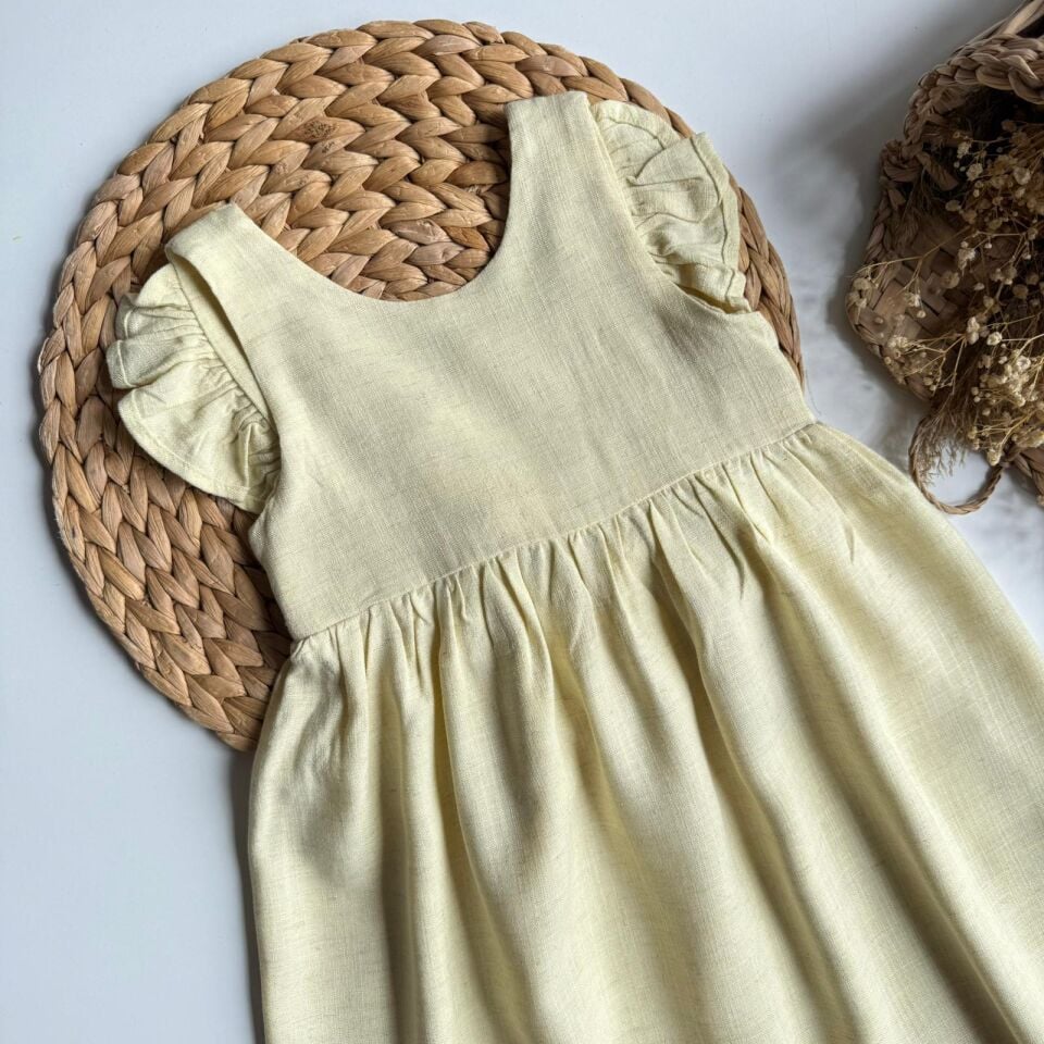 %100 Keten Sarı Sırt Fiyonklu Elbise 6-7 YAŞ