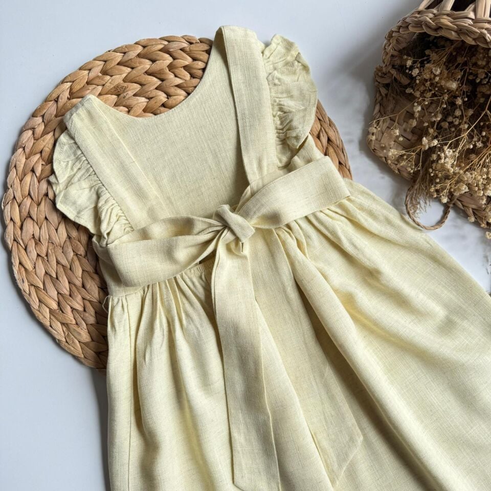 %100 Keten Sarı Sırt Fiyonklu Elbise 6-7 YAŞ