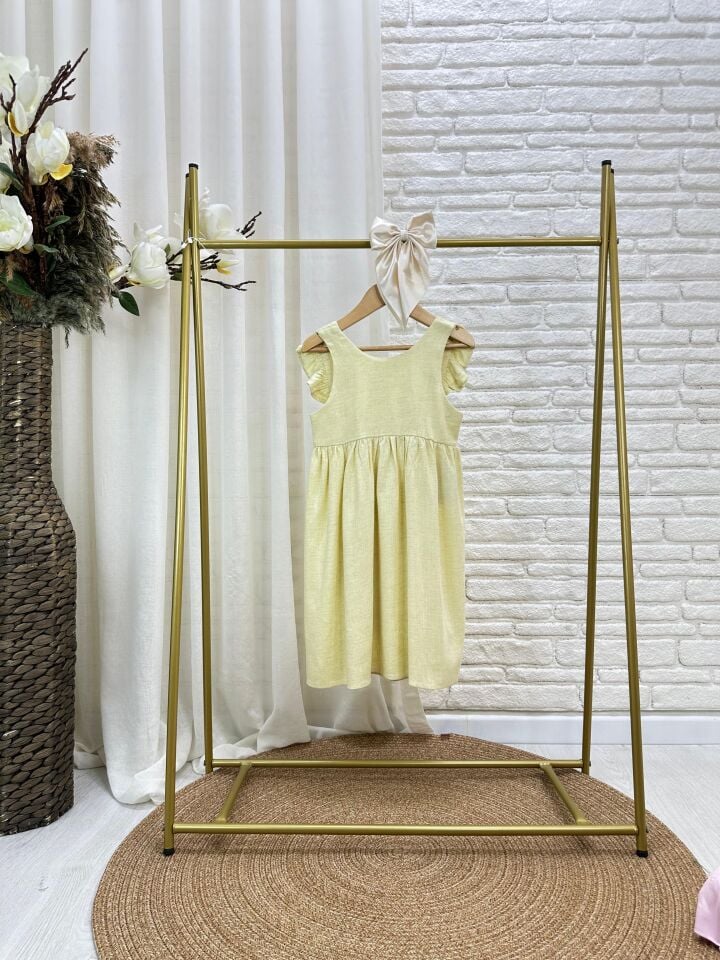%100 Keten Sarı Sırt Fiyonklu Elbise 6-7 YAŞ