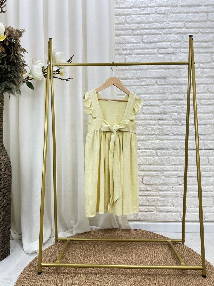 %100 Keten Sarı Sırt Fiyonklu Elbise 6-7 YAŞ