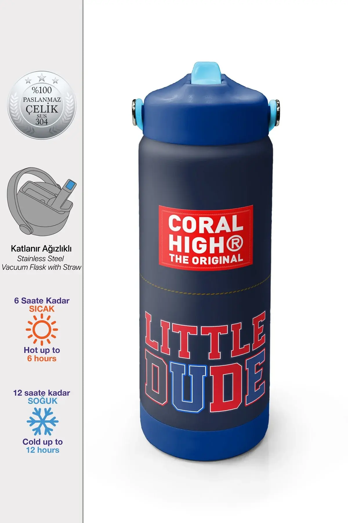 Coral High Lacivert Little Dude Baskılı Katlanır Ağızlıklı Çelik Termos 650 ml 38319 Adet