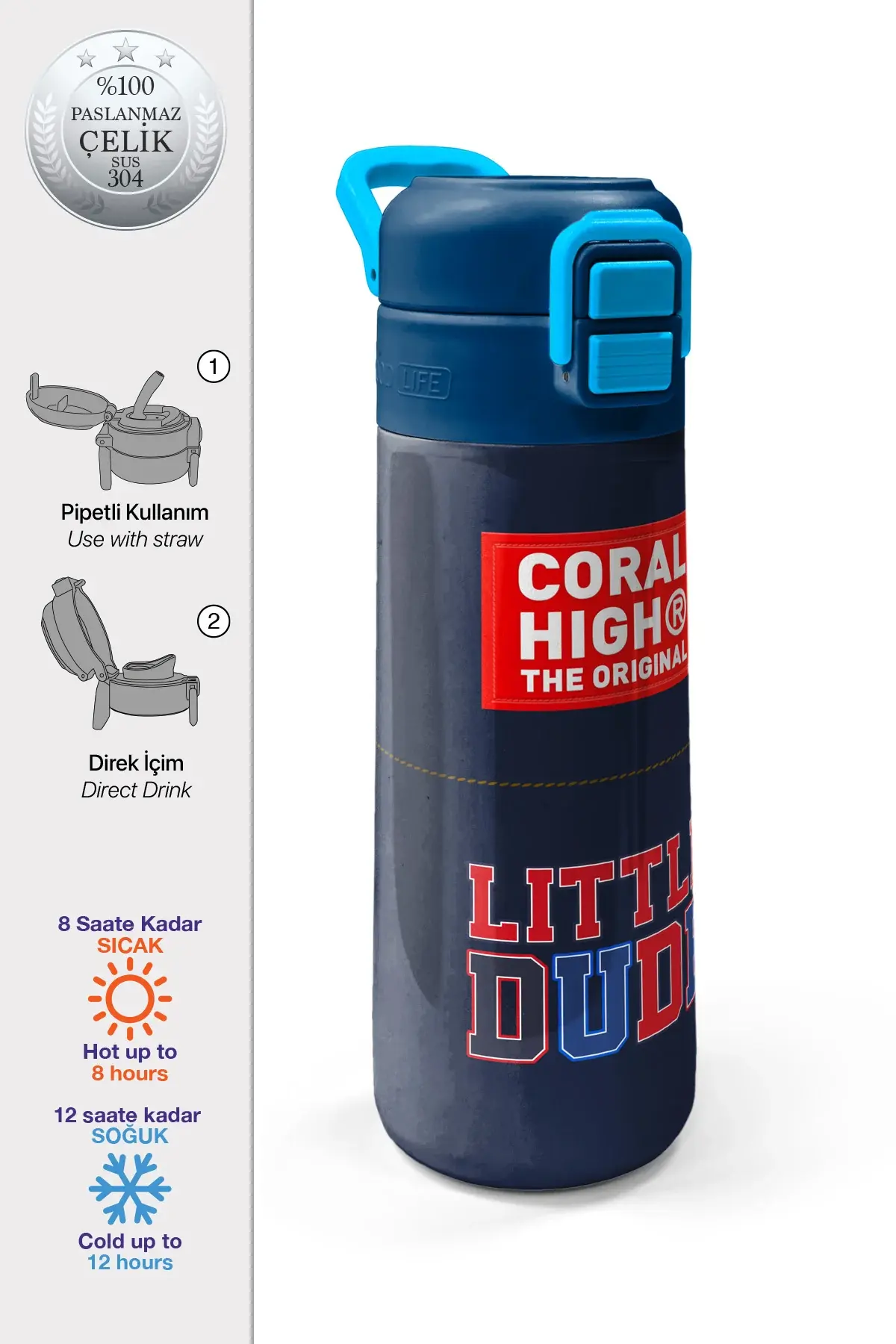 Coral High Kids Lacivert Lıttle Dude Baskılı Pipetli ve Direkt İçim Çelik Termos 500 ml 38119 Adet