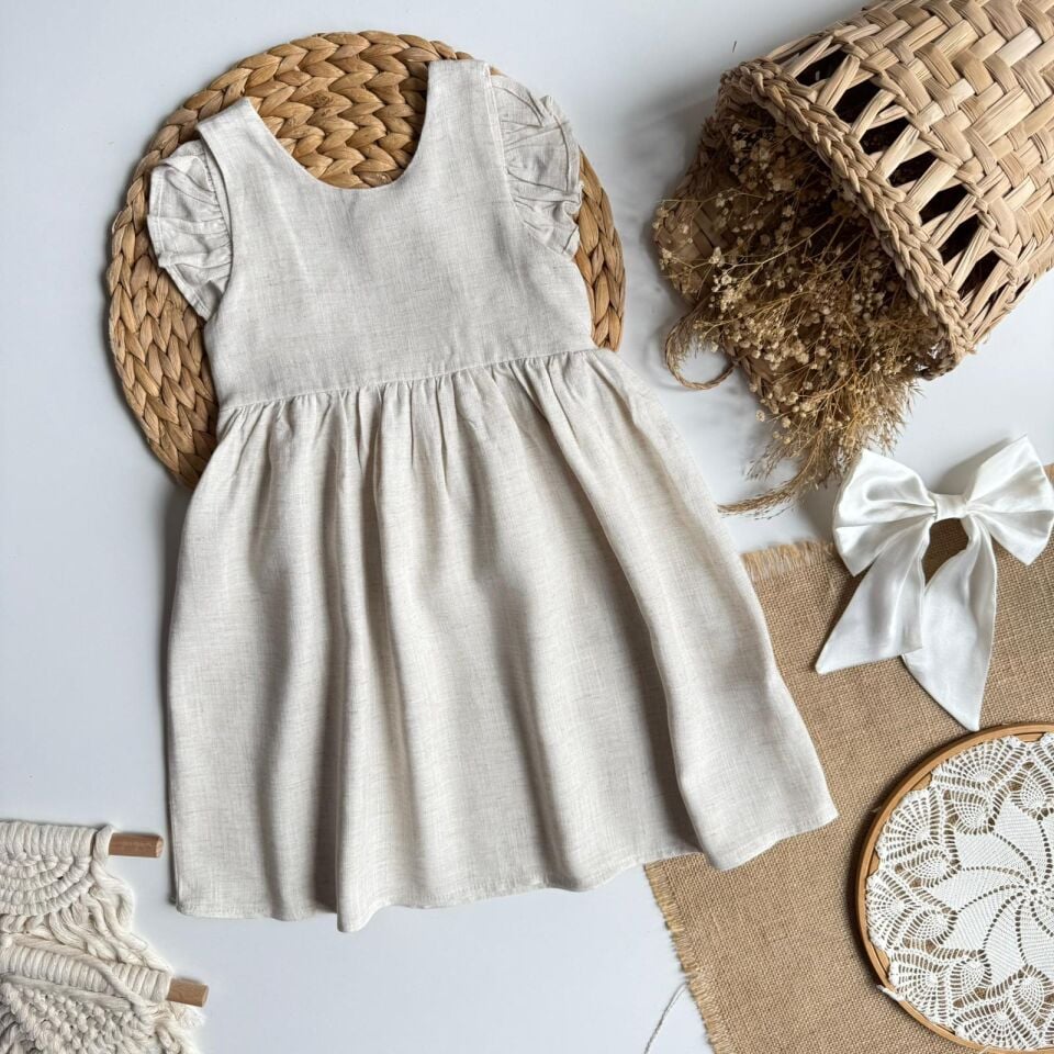 %100 Keten Ekru Sırt Fiyonklu Elbise 6-7 YAŞ