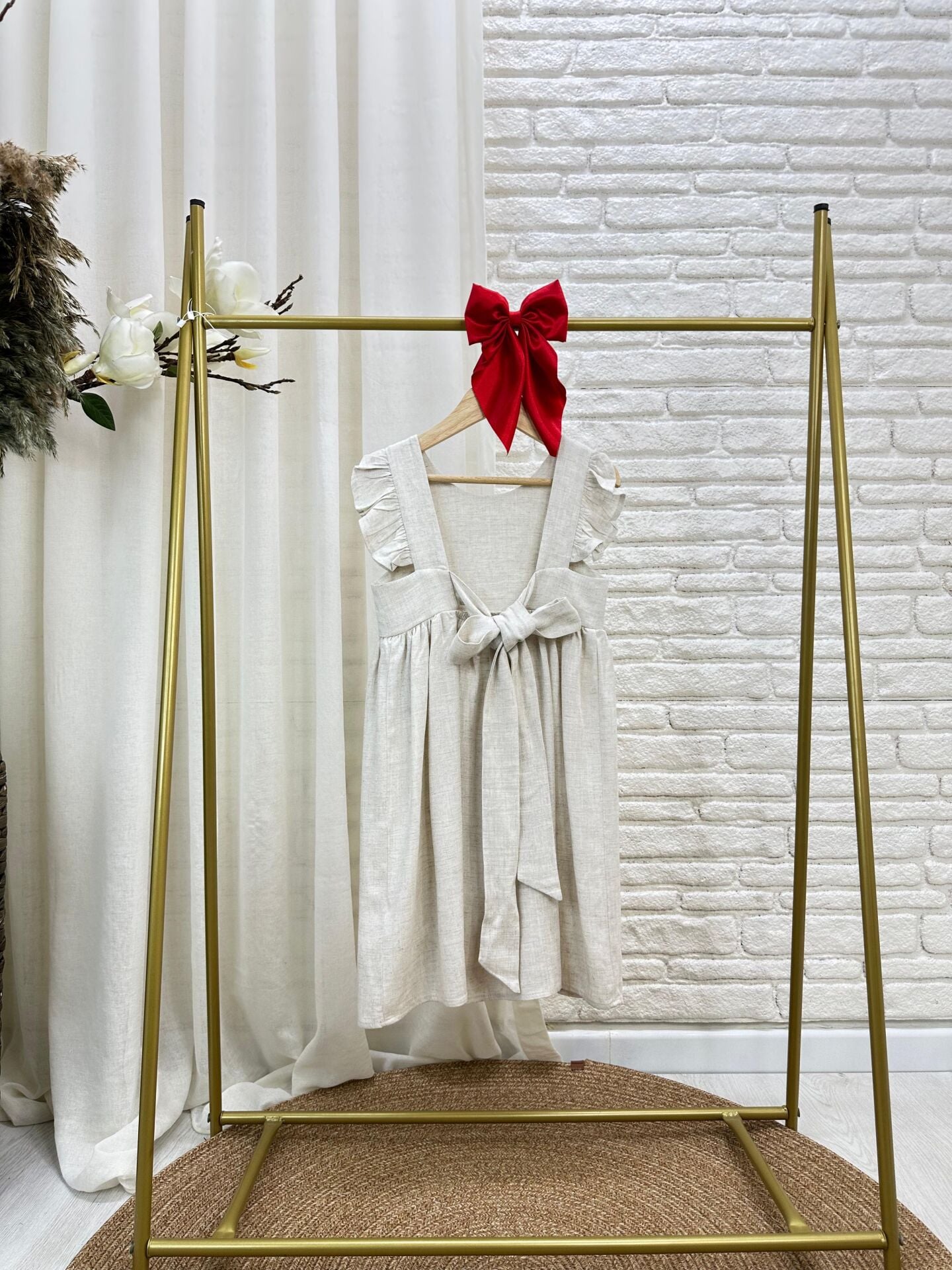 %100 Keten Ekru Sırt Fiyonklu Elbise 6-7 YAŞ