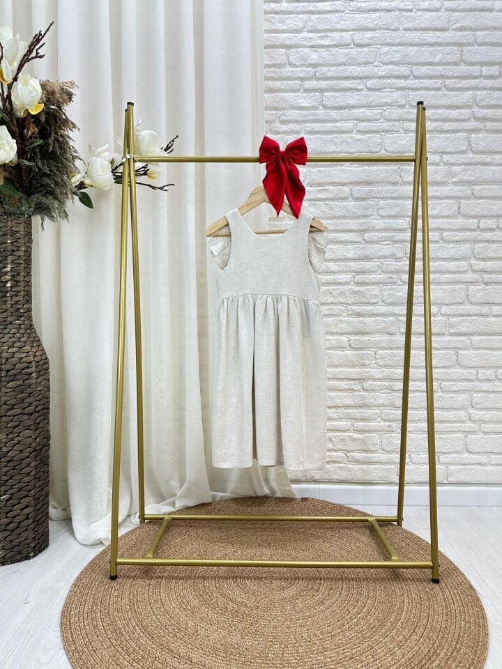 %100 Keten Ekru Sırt Fiyonklu Elbise 6-7 YAŞ