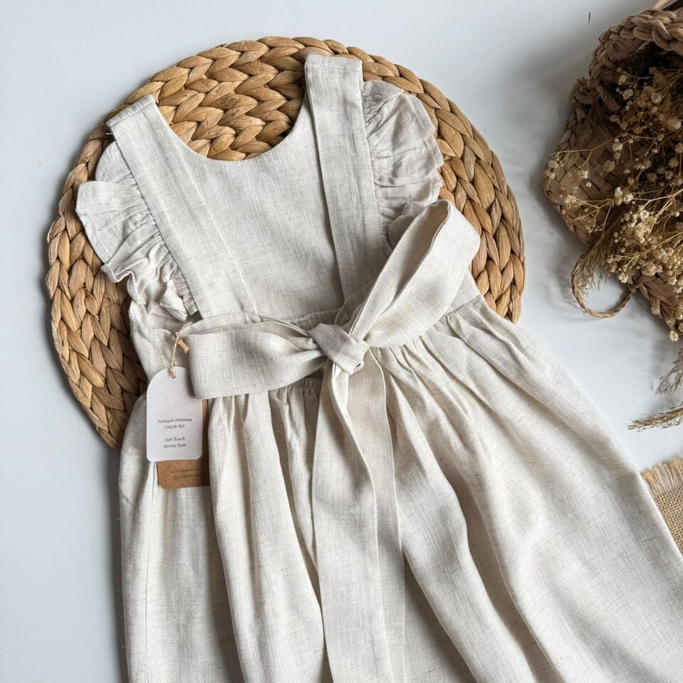 %100 Keten Ekru Sırt Fiyonklu Elbise 6-7 YAŞ