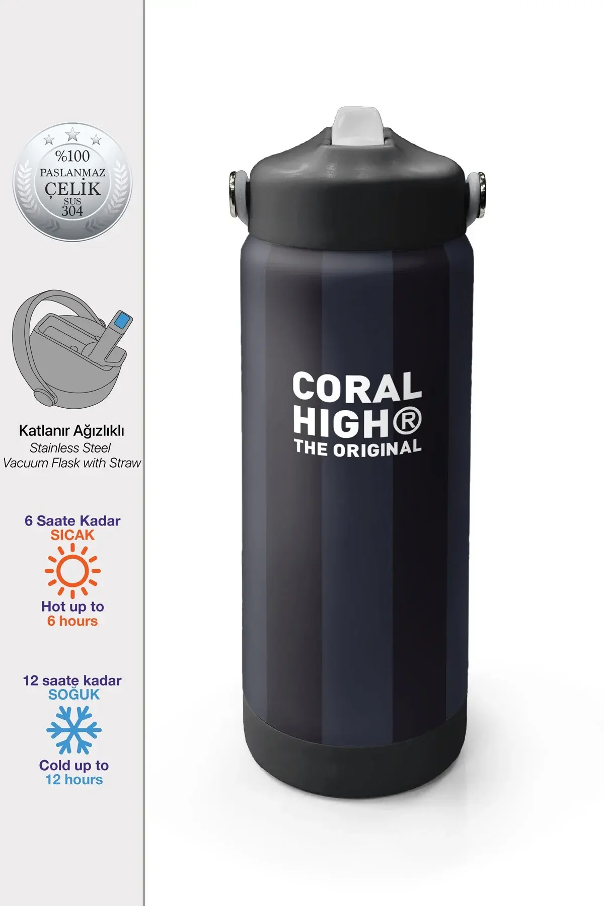 Coral High Siyah Çizgili Desenli Katlanır Ağızlıklı Çelik Termos 650 ml 38318 Adet