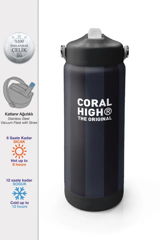 Coral High Siyah Çizgili Desenli Katlanır Ağızlıklı Çelik Termos 650 ml 38318 Adet