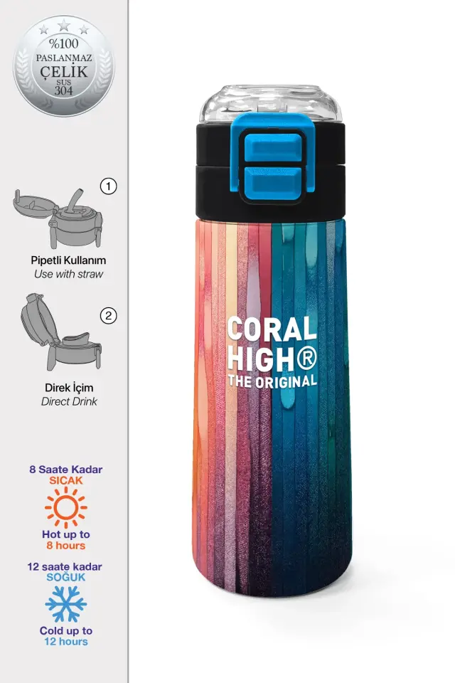 Coral High Kids Lacivert Renkli Çizgili Desenli Pipetli ve Direkt İçim Çelik Termos 500 ml 31890 Adet