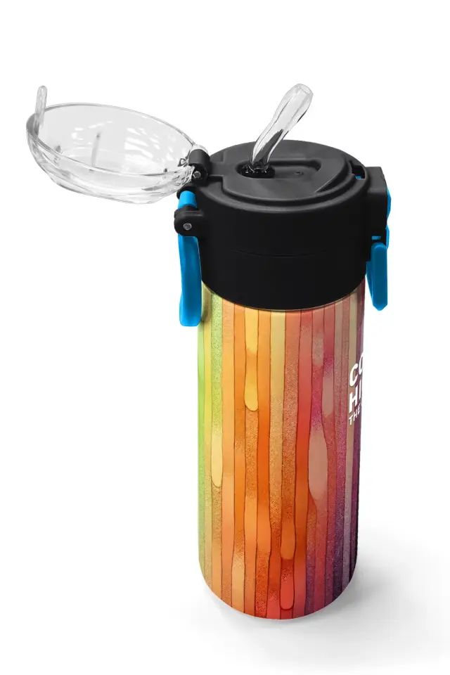 Coral High Kids Lacivert Renkli Çizgili Desenli Pipetli ve Direkt İçim Çelik Termos 500 ml 31890 Adet