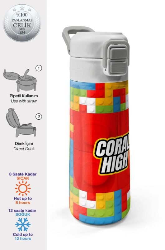 Coral High Kids Siyah Blok Desenli Pipetli ve Direkt İçim Çelik Termos 500 ml 31894(Kopya) Adet