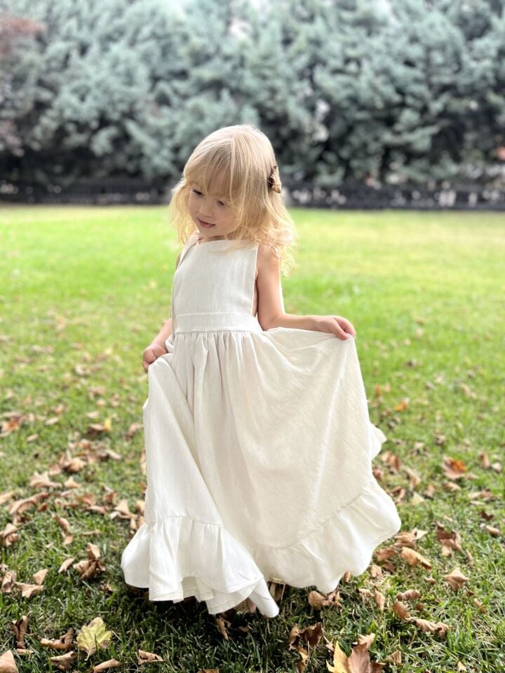 Özel Üretim Keten Krem Elbise 9-10 YAŞ