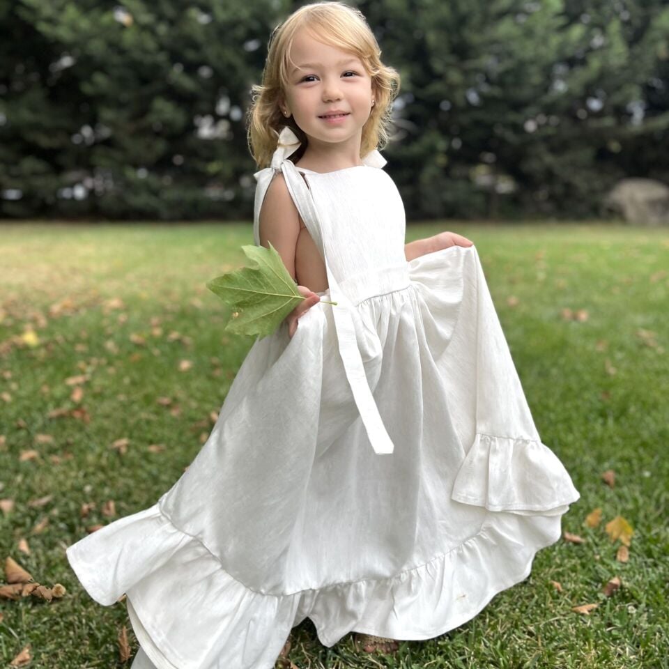 Özel Üretim Keten Krem Elbise 9-10 YAŞ