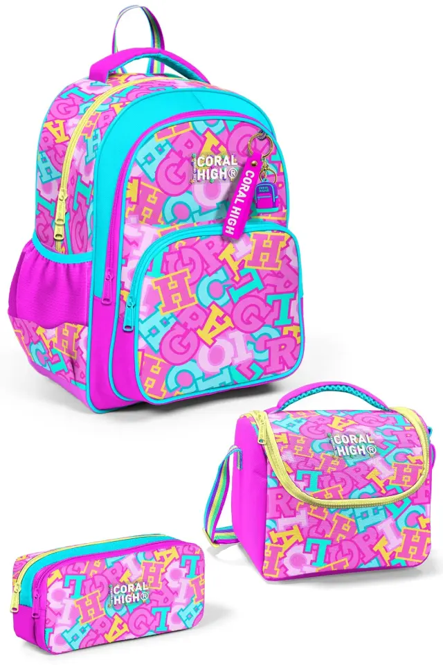 Coral High Kids Pembe Su Yeşili Harf Desenli 3'lü Okul Çanta Seti SET0133241 Adet