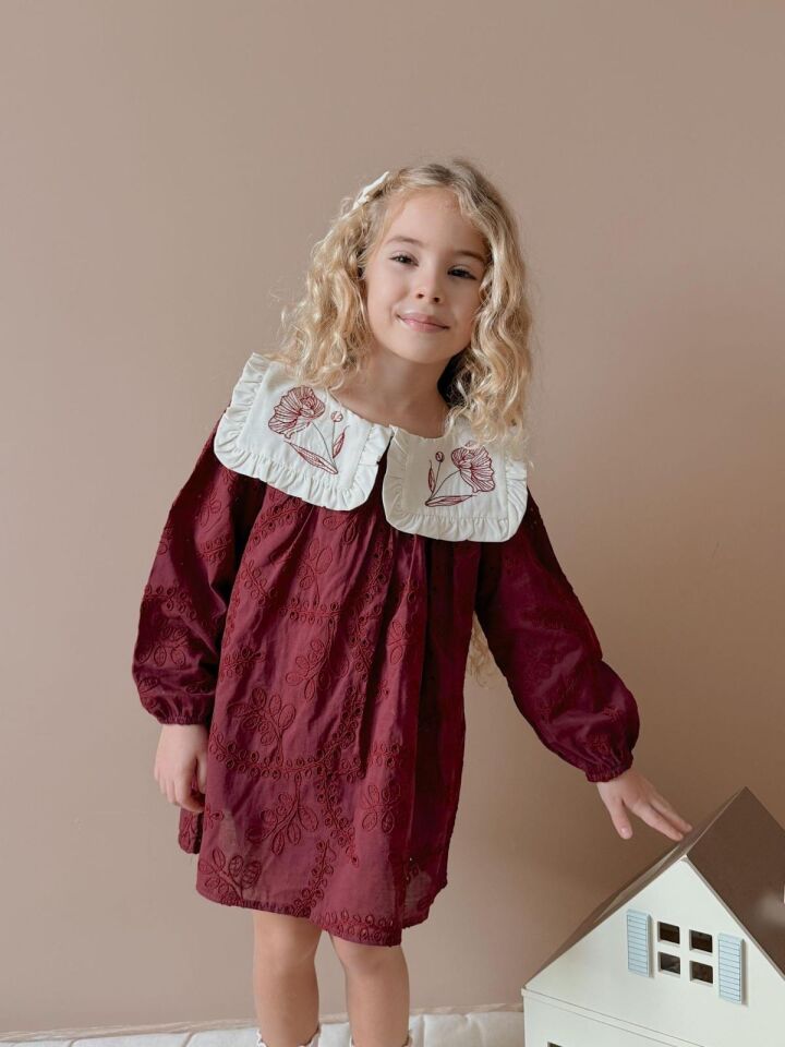Bordo İşlemeli Elbise 9-10 YAŞ