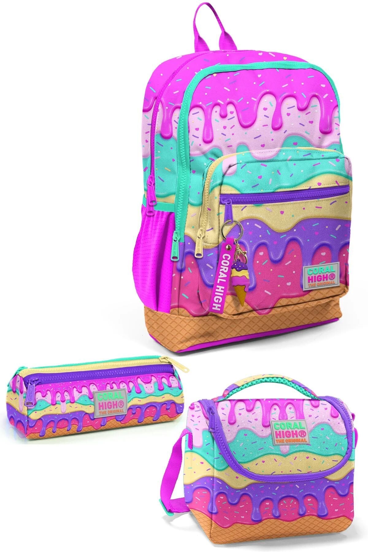 Coral High Kids Pembe Rengarenk Dondurma Desenli 3’lü Okul Çanta Seti SET0123731 Adet