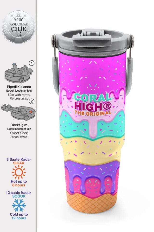 Coral High Dondurma Desenli Pipetli ve Direkt İçim Çelik Termos 900 ml 38741 Adet