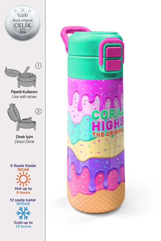Coral High Kids Pembe Rengarenk Dondurma Desenli Pipetli ve Direkt İçim Çelik Termos 500 ml 31938 Adet