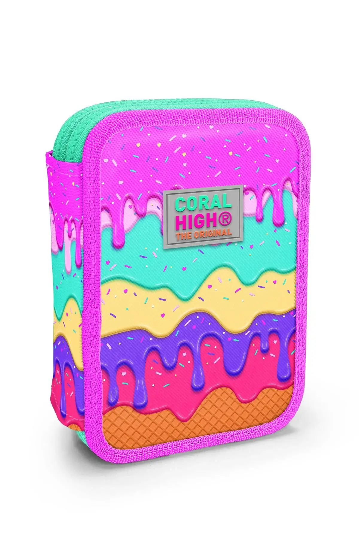 Coral High Kids Pembe Rengarenk Dondurma Desenli Çift Katlı Kalem Çanta 11131 Adet