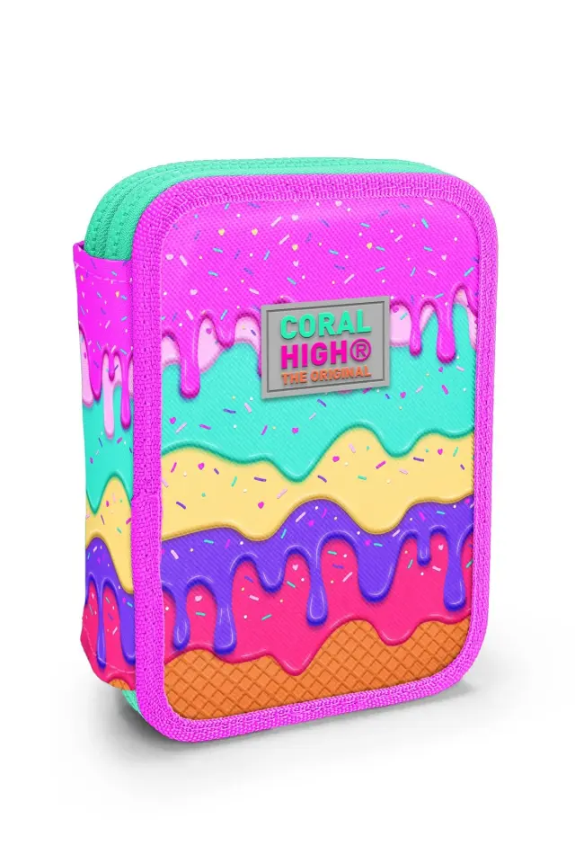 Coral High Kids Pembe Rengarenk Dondurma Desenli Çift Katlı Kalem Çanta 11131 Adet
