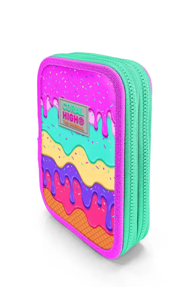 Coral High Kids Pembe Rengarenk Dondurma Desenli Çift Katlı Kalem Çanta 11131 Adet