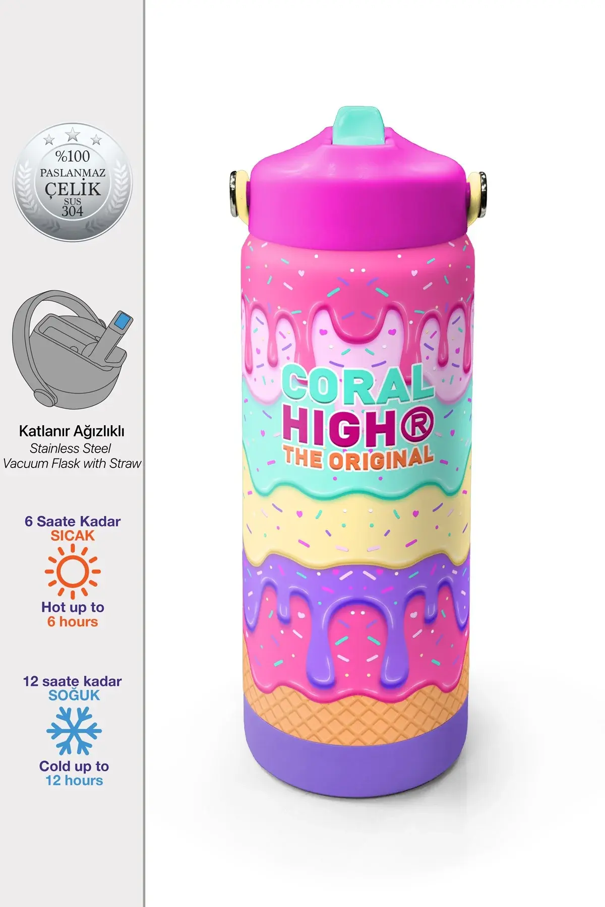 Coral High Pembe Rengarenk Katlanır Ağızlıklı Çelik Termos 650 ml 38377 Adet