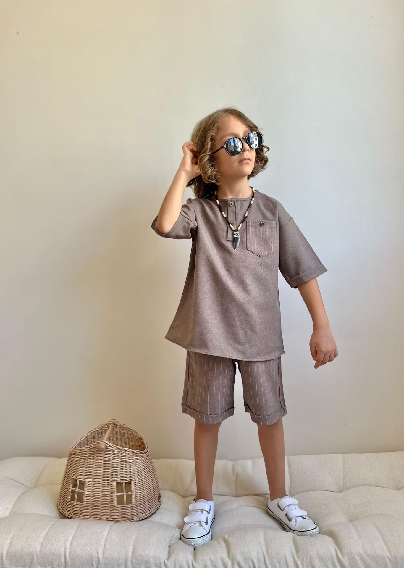 Çizgili Kahve Şortlu Takım 3-4 YAŞ