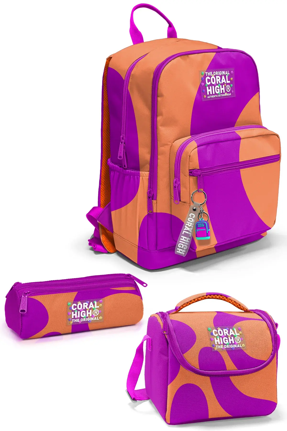 Coral High Koyu Pembe Turuncu Desenli 3’lü Okul Çanta Seti SET0123684 Adet