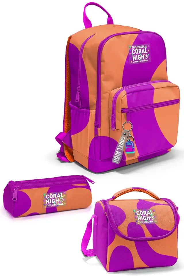 Coral High Koyu Pembe Turuncu Desenli 3’lü Okul Çanta Seti SET0123684 Adet