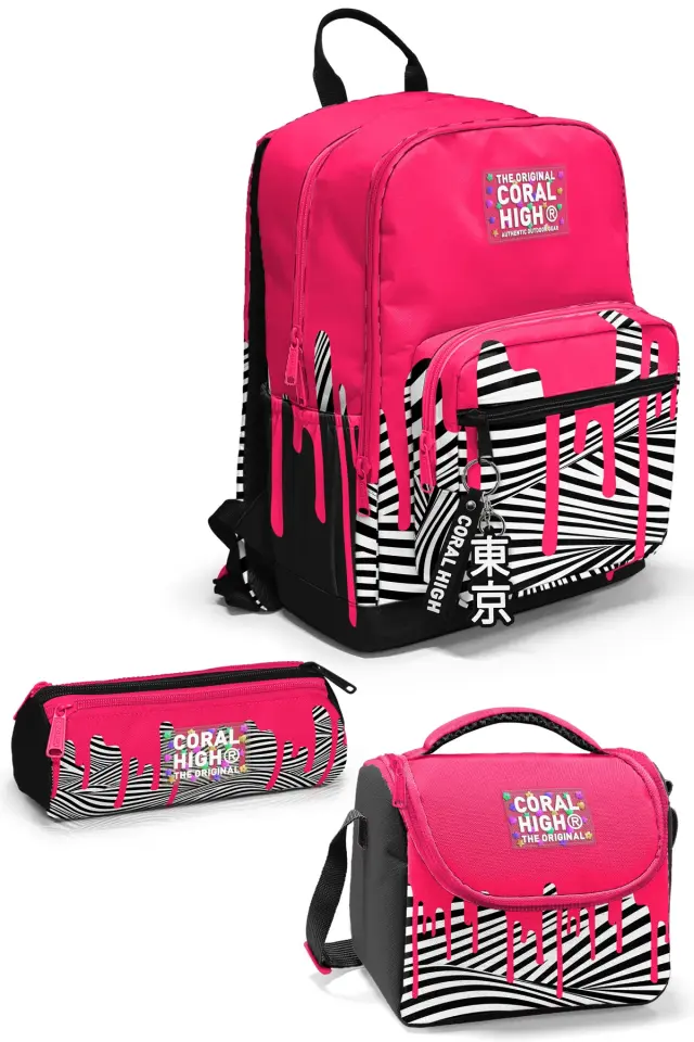 Coral High Pembe Siyah Beyaz Desenli 3’lü Okul Çanta Seti SET0123678 Adet