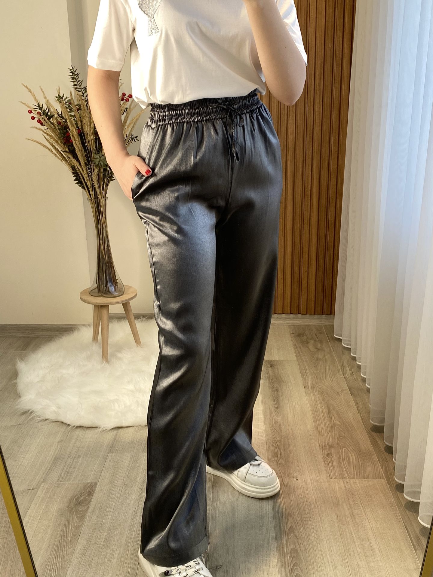 Parlak Kumaş Gri Pantolon L