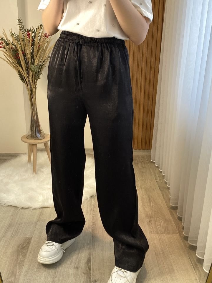 Parlak Kumaş Siyah Pantolon M