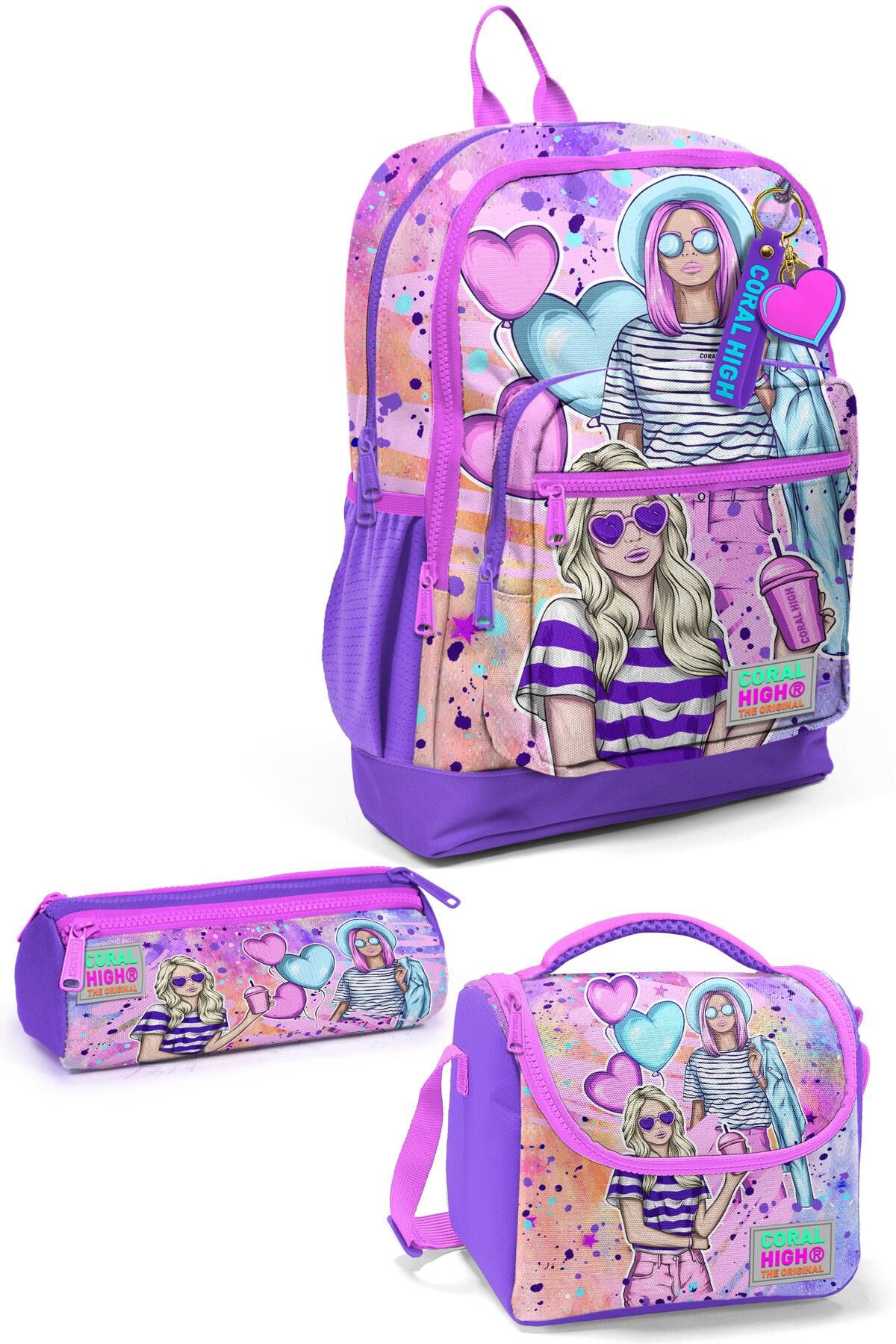 Coral High Kids Pembe Mor Fashion Girl Desenli 3’lü Okul Çanta Seti SET0123755 Adet