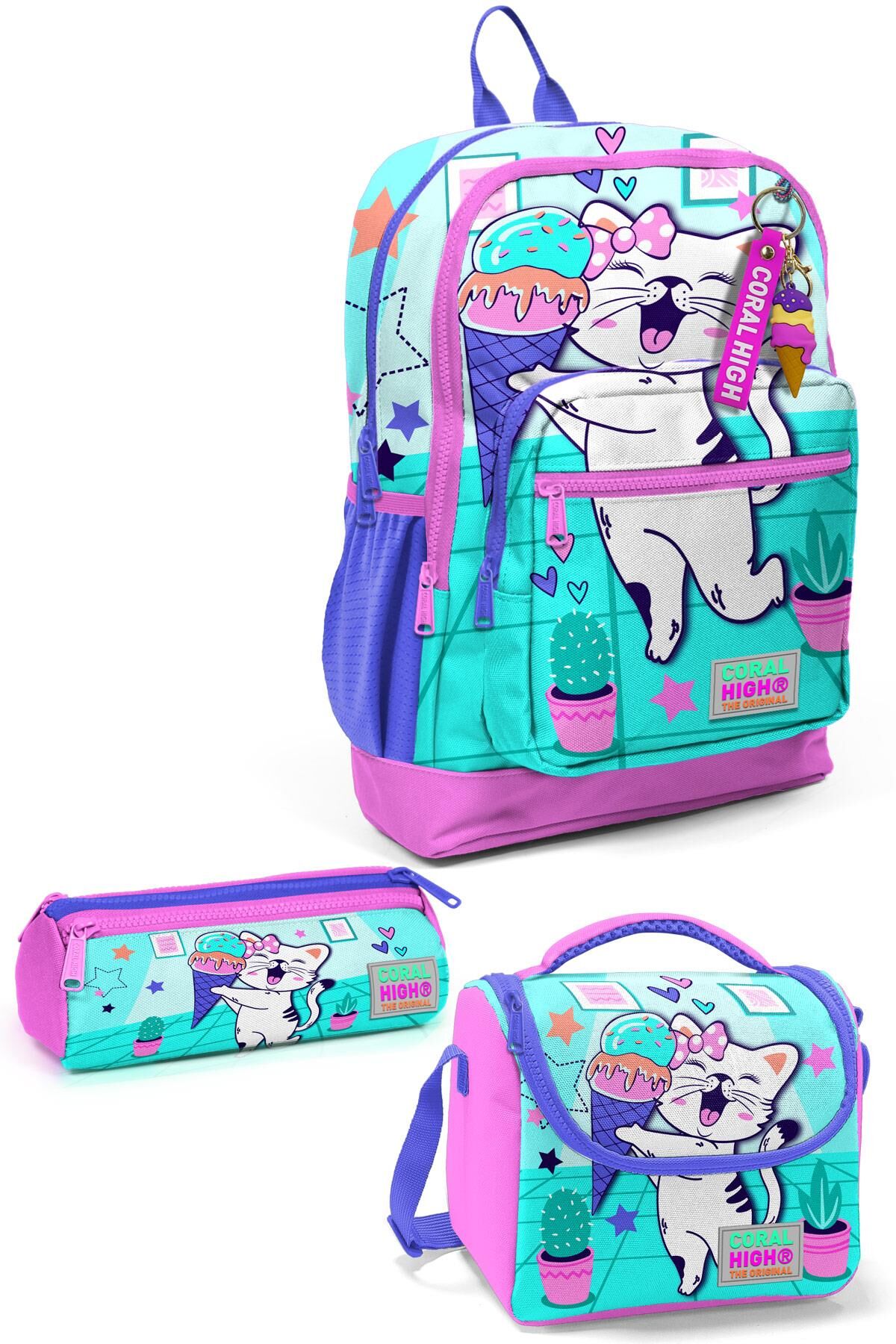Coral High Kids Turkuaz Pembe Dondurmalı Kedi Desenli 3’lü Okul Çanta Seti SET0123751 Adet