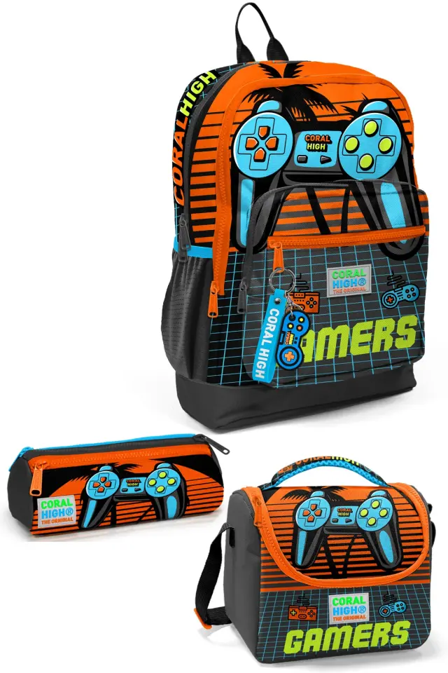 oral High Kids Gri Turuncu Gamer Desenli 3’lü Okul Çanta Seti SET0123746 Adet