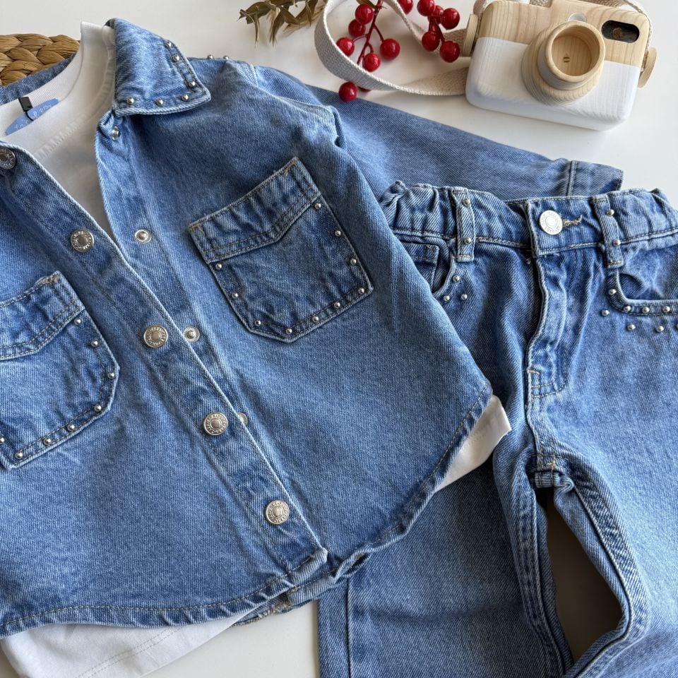 Zımbalı Denim Takım