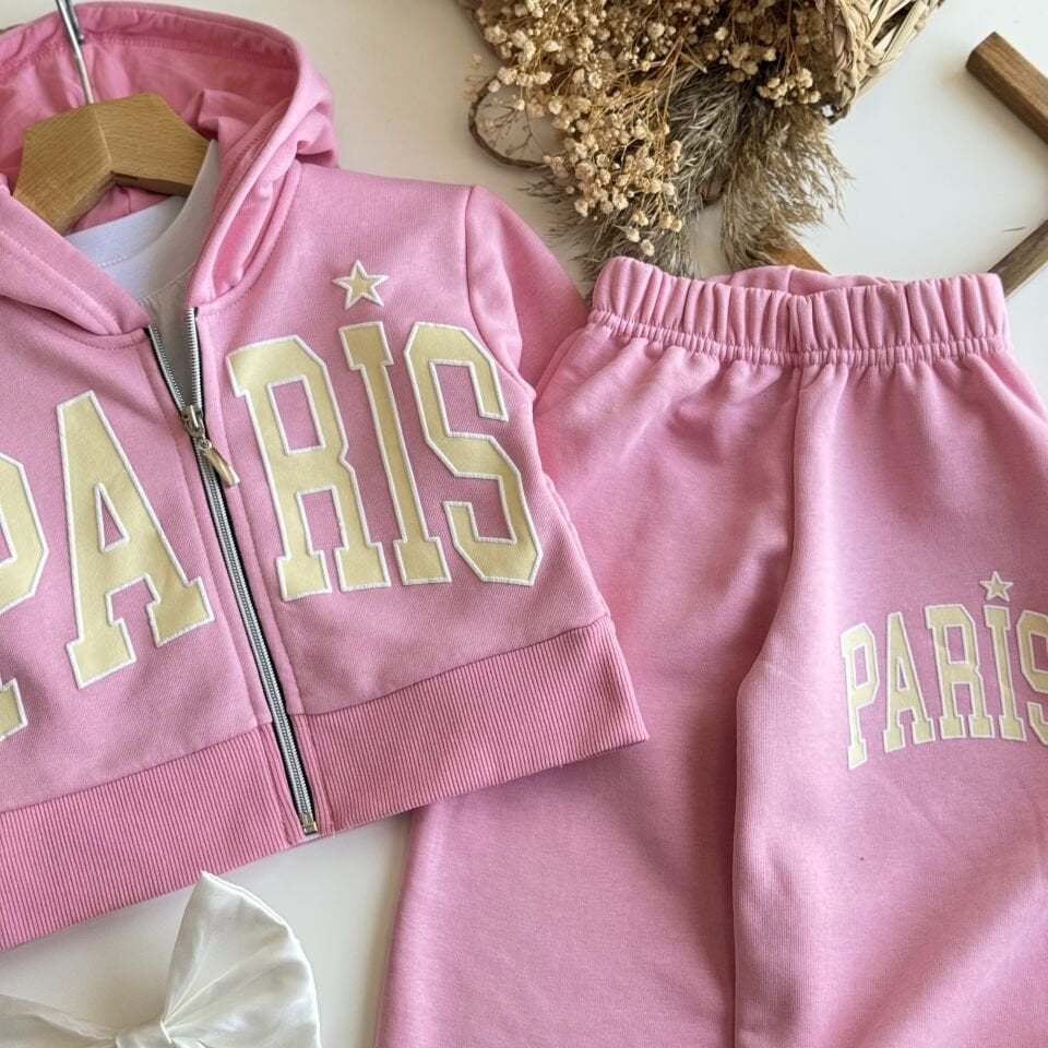 Kapüşonlu Pembe Fermuarlı Takım
