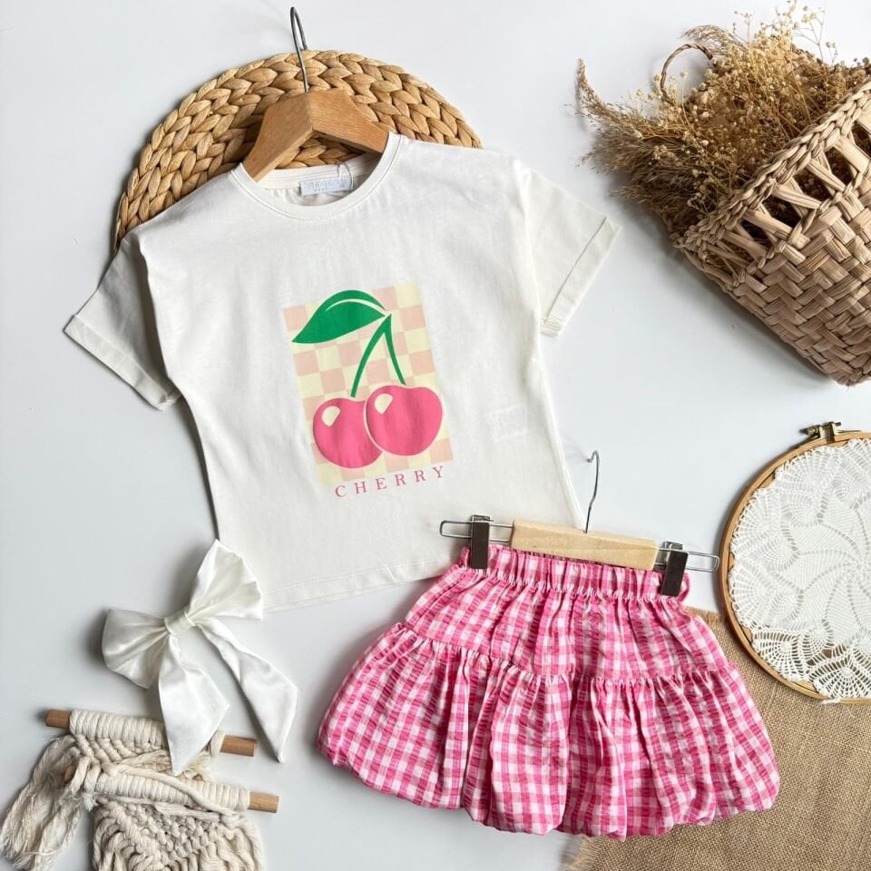 Kirazli Balon Etek Elbise 6-7 YAŞ