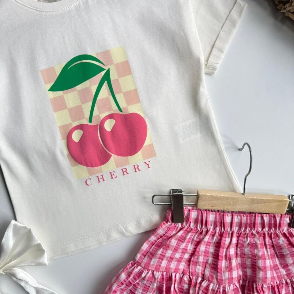 Kirazli Balon Etek Elbise 6-7 YAŞ