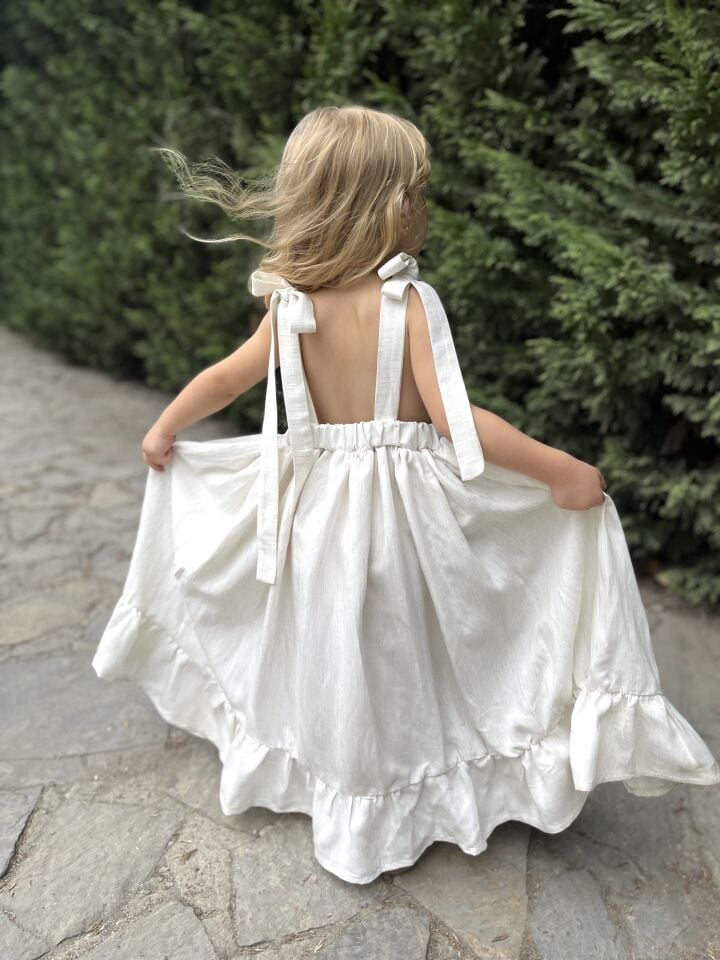 Özel Üretim Keten Krem Elbise 9-10 YAŞ