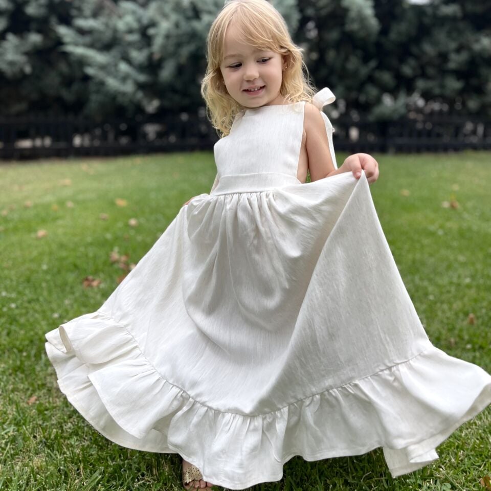 Özel Üretim Keten Krem Elbise 9-10 YAŞ