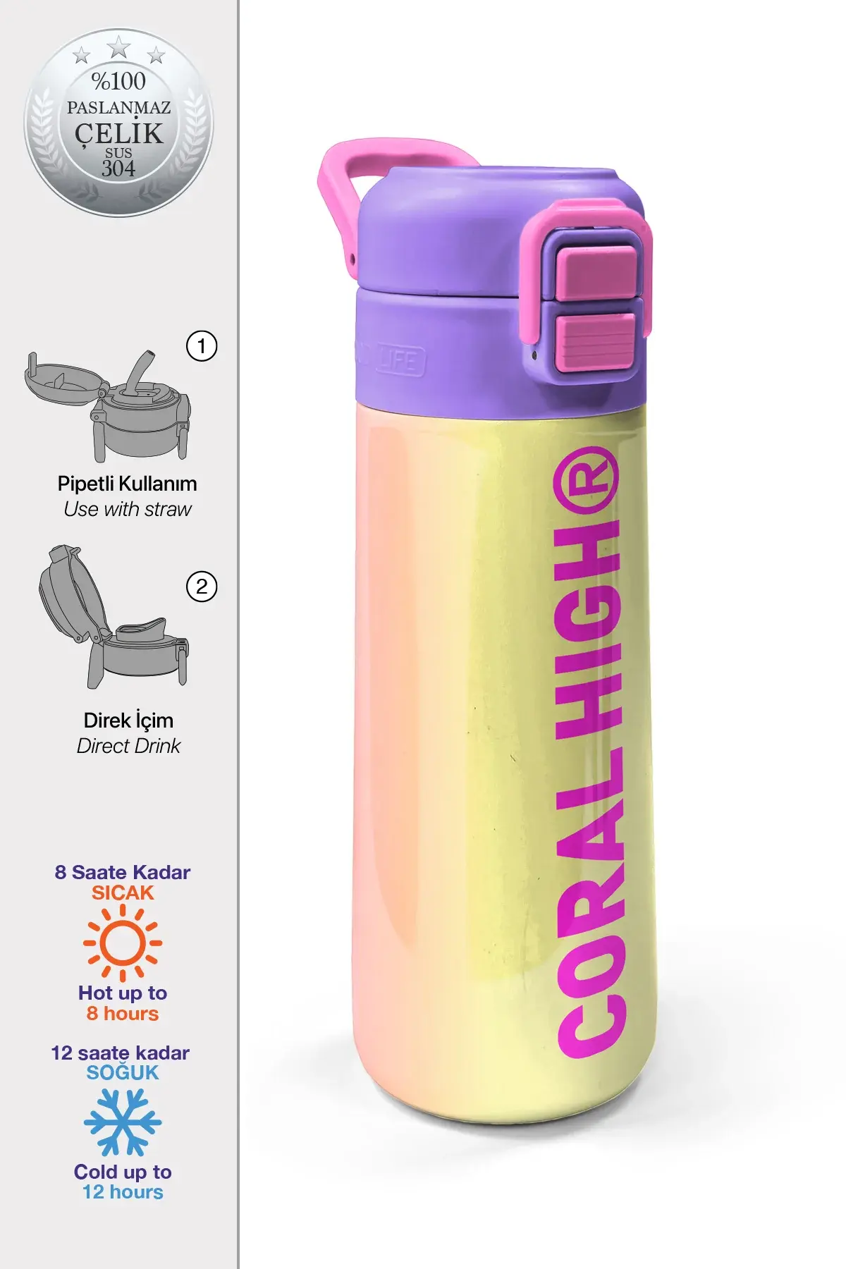 Coral High Kids Renk Geçişli Pipetli ve Direkt İçim Çelik Termos 500 ml 31868 Adet